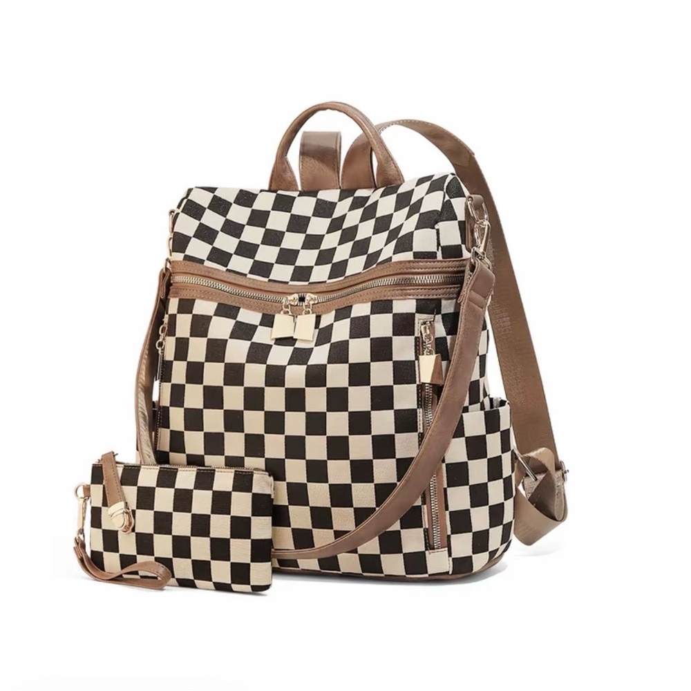 Checkerboard Canvas Backpack Tote in Cream & Black Pu Leather
